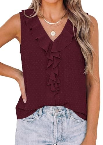 PRETTYGARDEN Tank Tops for Women 2026 Summer Fashion Sleeveless Ruffle Button Swiss Dot Dressy Casual Blouses Work Shirts — image 1