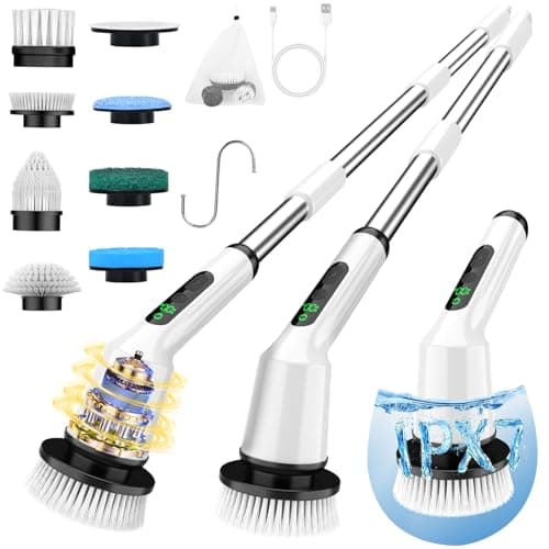 Shower Scrubber with Long Handle, Bathroom Cleaner Brush with 8 Brush Heads, Cordless Electric Spin Scrubber for Cleaning with 2 Speed, Cleaning Supplies for Bathtub Kitchen Floor Tile Toilet — image 1