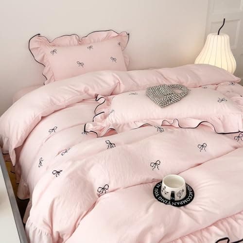 AMZTOP Pink Twin Size Duvet Cover Set with Bow,1 Duvet Cover with 2 Pillowcases,Cute Ruffled Comforter Cover with Corner Ties,3 Pcs Embroidery Aesthetic Coquette Bedding Set 68"×86" — image 1