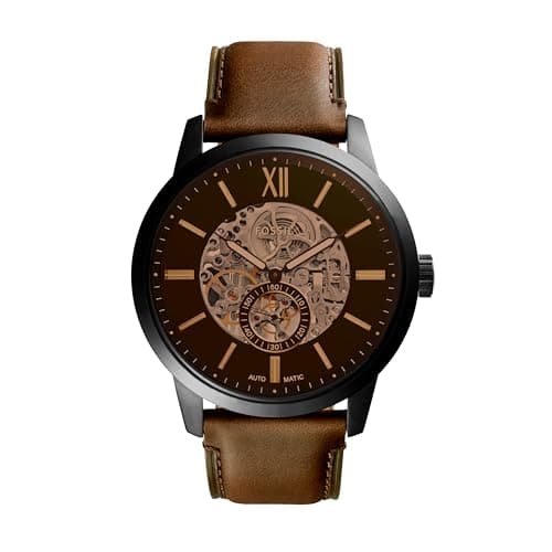 Fossil Men's Watch, Townsman Automatic Stainless Steel and Leather Three-Hand Skeleton Watch for Men, Color: Black, Cognac