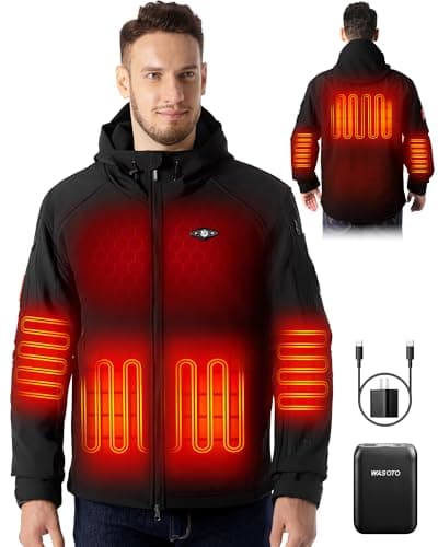 WASOTO Heated Jackets for Men with 9V 18400mAh Battery Pack Included Windproof Waterproof with Foldable Hood for Snowboarding(Black,L)