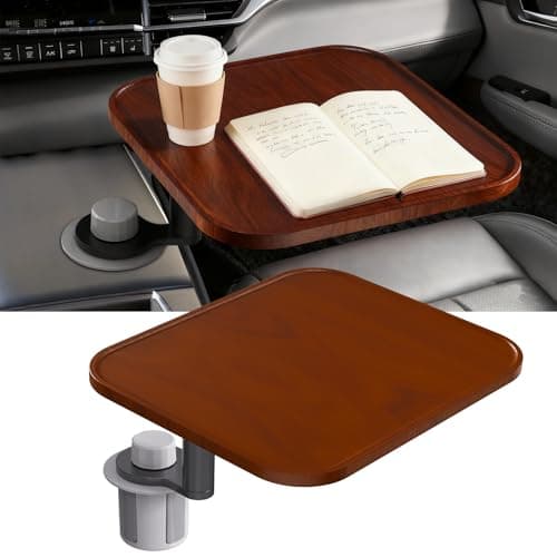 360° Rotation Car Desk for Laptop, Height-Adjustable Cup Holder Table, Wooden Car Food Tray & Laptop Mount Compatible with Tesla Model Y/3/S, Ford F150/Explorer/Maverick & Most Vehicles (Warm Walnut) — image 1