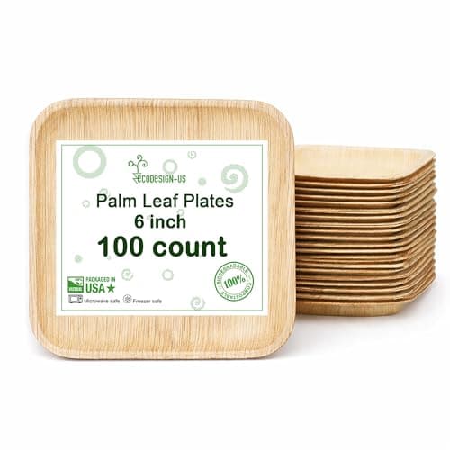 ECODESIGN-US Palm Leaf Plates 100 Count - 6" Square Disposable Heavy Duty Dinnerware - Appetizer and Dessert Plates for Weddings, Catering, Parties — image 1
