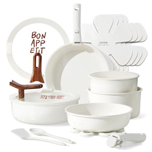 CAROTE 18Pcs Ceramic Cookware Set with Detachable Handle, Pots and Pans Set Non Stick, Non Toxic Kitchen Cooking Sets with Stand-Up Lid, PFAS and PFOA Free, Oven Safe, Induction Ready, Cream White — image 1