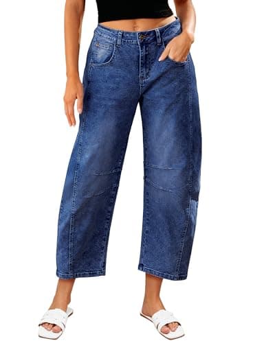 LookbookStore Barrel Jeans for Women High Waisted Cropped Wide Leg Trendy Baggy Distressed Stretchy Denim Jean Pants — image 1