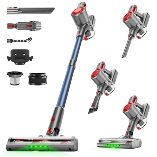 Honki Cordless Vacuum Cleaner for Home, Powerful Stick Vacuum with Rechargeable Battery, Green Light Anti-Tangle Brush, 6-in-1 Lightweight Handheld Vacuum for Pet Hair, Hard Floor, Carpet, Red