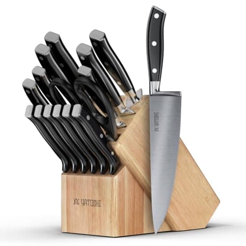 Yatoshi 15 Piece Black Knife Block Set - Pro Kitchen Knife Set Ultra Sharp High Carbon Stainless Steel with Ergonomic Handle — image 1
