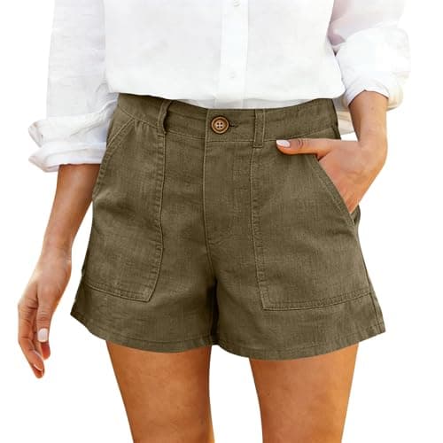 Women Linen Shorts High Waist Bermuda Shorts with Pockets Trendy Casual Summer Button Boho Beach Lounge Short — image 1