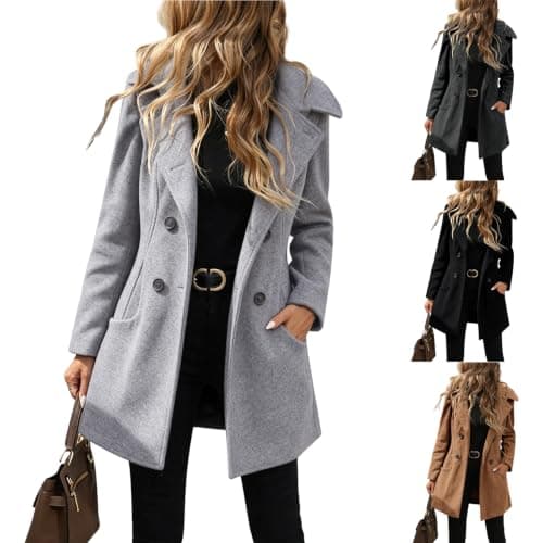 Women's Faux Wool Coat Notch Lapel Double-Breasted Peacoat — image 1