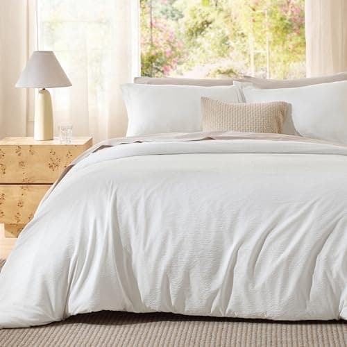 Bedsure Textured Duvet Cover Queen Size - Cotton-Like Polyester Jacquard Duvet Cover Set for All Seasons - 3 Pieces Soft Bedding Set with 2 Pillow Shams, NO Comforter (White, Queen, 90"x 90") — image 1
