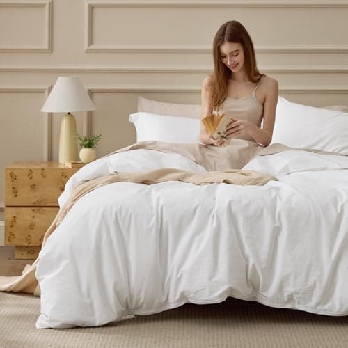 Bedsure 100% Washed Cotton Duvet Cover King Size - Natural White Minimalist Bedding Set Linen Like - PureWoven Plain Simple & Soft Comforter Cover for All Seasons (Natural White, King, 104"x90") — image 1
