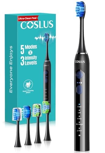COSLUS C30 Electric Toothbrush for Adults: 3 Intensities & 5 Modes Customized for Effective Yet Gentle Ultra-Clean Feel, 2 Types of Heads for Gentle or Daily Care, Travel & Home Use, Black, 1PC — image 1
