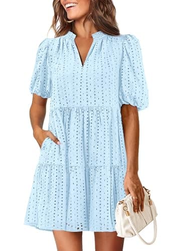 KIRUNDO Eyelet Summer Dresses for Women 2026 Mini Casual Hollow Out Short Sleeve Lace Tiered V Neck Shift Dress Pockets — image 1