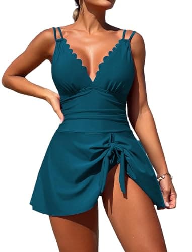 ZAFUL One Piece Swim Dress Swimsuits for Women Scallop Tummy Control Swimdress Tie Knot Swim Skirt Swimwear Bathing Suit — image 1