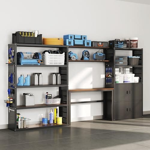 FLEXIMOUNTS Garage Storage Cabinet System, 3-in-1 Modular Metal Tool Cabinet w/ Workbench and Particle Board Shelf Includes Pegboard, 24-Gauge Steel, 129"(L) w/ 2 Doors, Black, FLEXIMOD Series — image 1
