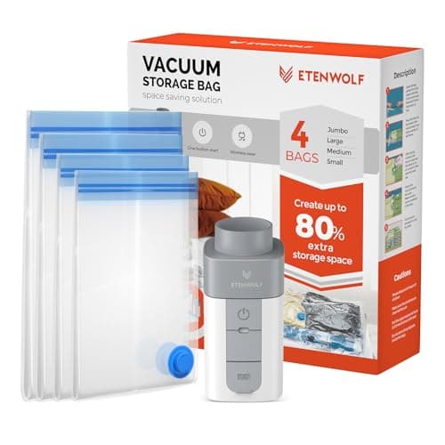 ETENWOLF 4 Pack Vacuum Storage Bags with Rechargeable Wireless Pump, Vacuum Seal Bags for Clothes and Travel, Space Saver Bags in Multiple Carry-On Sizes, Perfect for Luggage and Suitcases — image 1