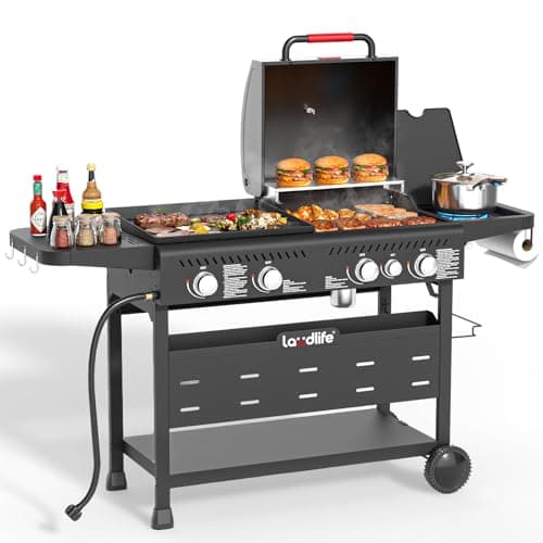 LAUDLIFE 5-Burner Propane Grill Griddle Combo with Side Burner, Dual Zone BBQ Gas Grill, Non-Stick Porcelain-Enameled Surface, Easy to Clean, 702 Sq.In. Cooking Area, Heavy-Duty Stand for Backyard — image 1