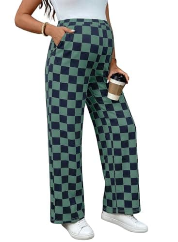 BLENCOT Womens Casual Checkered Pants for Maternity Elastic Waist Wide Leg Pants Grid Pregnant Trousers with Pockets — image 1