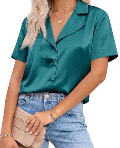 Cicy Bell Womens Summer Satin Button Down Shirts Silk Short Sleeve V Neck Casual Dressy Tops Loose Fit Collared Work Blouse — image 1