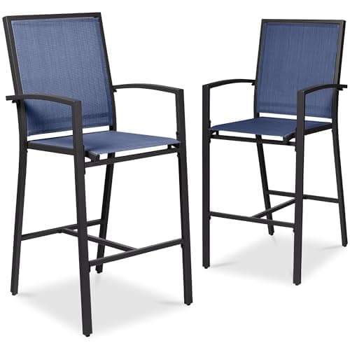 Best Choice Products Outdoor Bar Stools Set of 2, Bar Height, Patio Furniture, All Weather Mesh Design w/Armrest - Black/Navy — image 1