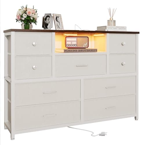 Dresser for Bedroom with 9 Drawers, White Storage Organizer TV Stand for 55" TV with LED Lights and Sockets, Fabric Chest of Drawers with PU Finish for Closets, Entryway, Living Room, Hallway