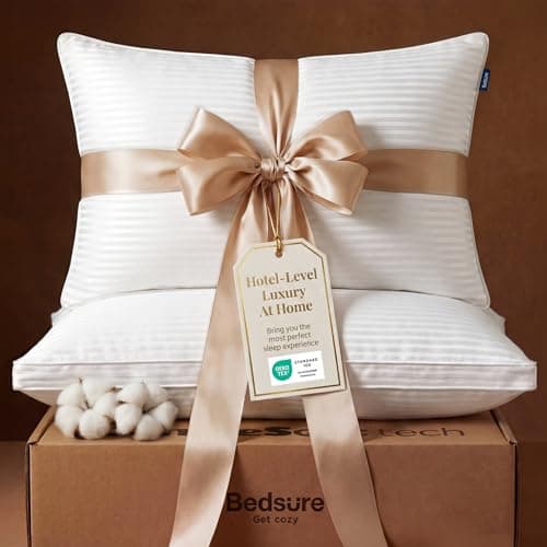 Bedsure Queen Size Bed Pillows Set of 2 - Hotel Quality Gusseted Down Alternative Pillow, 100% Cotton Cover PureWoven 300TC, Dual Chamber Fluffy Support Suitable for All Sleeping Positions — image 1