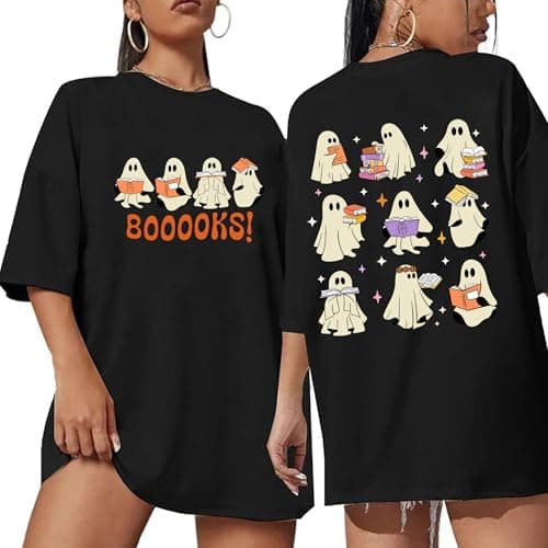 Halloween Shirts for Women Oversized Ghost Reading Books T-Shirt Cute Spooky Bookish Short Sleeve Tee Tops — image 1