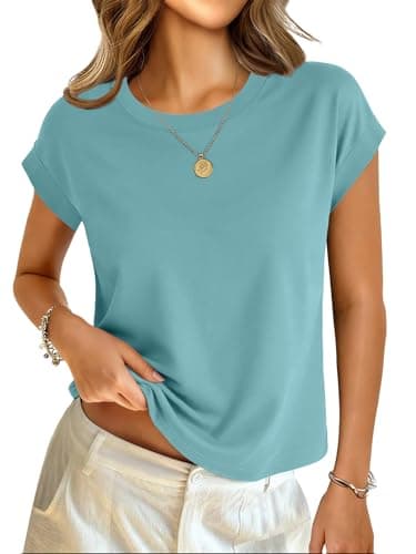 GKBK Cotton Cap Sleeve Womens Tops Crop High Neck Short Sleeve Summer Cute Casual Shirts Boxy Spring Clothing Outfits Teal