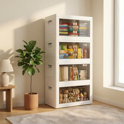 MOONEDGE 140QT Stackable Plastic Storage Bins with Lid & Handles, Foldable Collapsible Closet Organizer with Magnetic Doors and Side Locking, 4 Tier for Living Room, Office, Garages