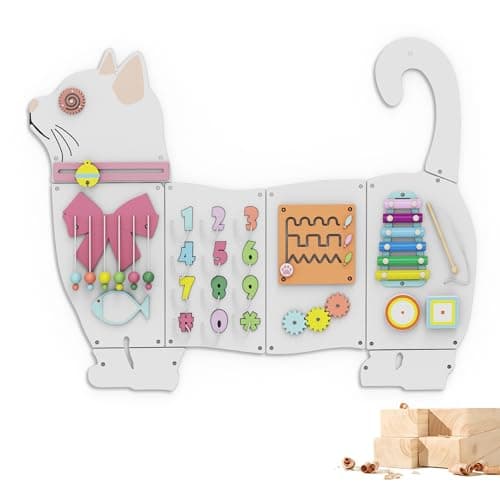 BlueWood Wooden Wall Busy Board Panels, Toddler Learning Activity Center, Montessori Philosophy Sensory, Educational Toys, Conducive to All-Round Development - Cat