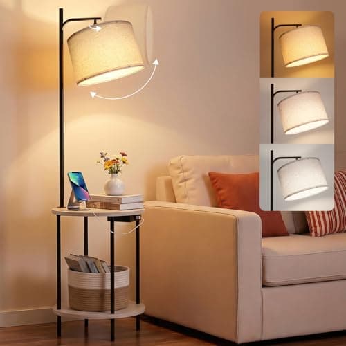 ONEWISH Modern Floor Lamp with Table, Charging Station (USB/Type-C/AC Port), 3 Temperatures, 9W Blub, Round End Table for Bedroom & Living Room (White) — image 1