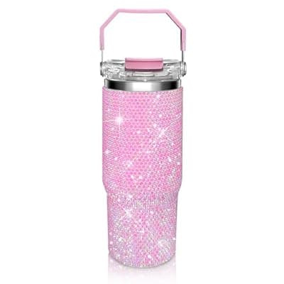 30oz Bling Rhinestone Studded Tumbler with Top Handle, Bling Cups Stainless Steel Water Bottle Diamond Glitter Tumbler for Women - Birthday Gifts for Women, Mom,Get Well Soon Gifts (Pink)