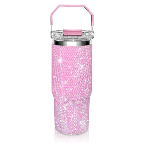 30oz Bling Rhinestone Studded Tumbler with Top Handle, Bling Cups Stainless Steel Water Bottle Diamond Glitter Tumbler for Women - Birthday Gifts for Women, Mom,Get Well Soon Gifts (Pink) — image 1