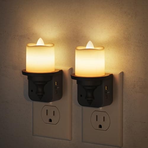JandCase Flameless Candle Night Light, 2 Pack Night Lights Plug into Wall, 3000K Soft White, 0-100LM Dimmable Nightlight, Dusk to Dawn Sensor Light for Dinning Room, Living Room, Bathroom, Hallway