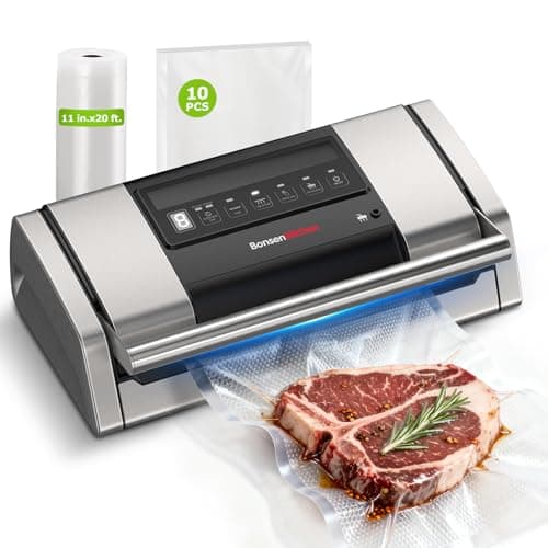 Bonsenkitchen Vacuum Sealer for Food, Easy-Lock Handle with Digital Timer | Built-in Cutter & Bag Storage for Sous Vide, Vacuum Sealer Machine Suitable for Dry & Moist Food Types, 1 Roll & 10 Bags — image 1