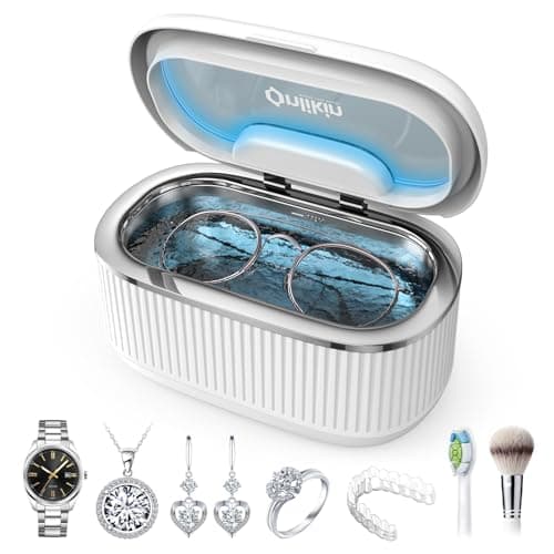 onlikin 45KHz Ultrasonic Jewelry Cleaner, 5 Timer & 3 Power Modes, 35W Retainer Cleaner for Jewelry, Eyeglasses, Rings, Watch Strap, Dentures - Quiet <38dB, 20oz, 304 Stainless Steel (Ceramic White)