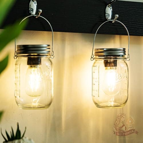 MJ Outdoor Mason Jar Lights Hanging Battery Operated Lamp Timer Cordless Lamps 2-Pack LED Decorative Garden Lanterns Glass Light for Patio Camping Courtyard Backyard Tree Hallway Stairs( Transparent) — image 1