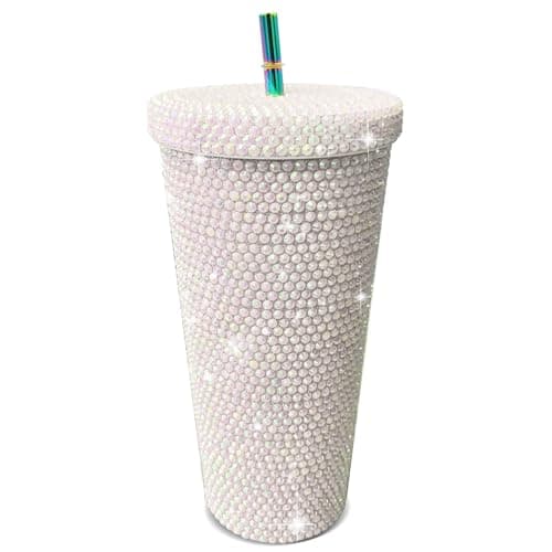 26oz Bling Rhinestone Studded Tumbler with Lid and Straws, Bling Cups Stainless Steel Water Bottle Diamond Glitter Tumbler for Women - Birthday Gifts for Women, Mom,Get Well Soon Gifts (White) — image 1