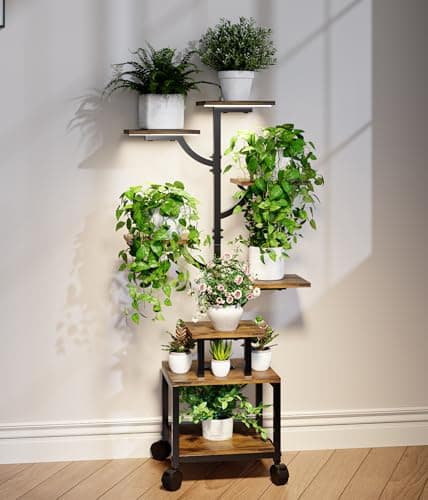 Plant Stand Indoor with Grow Lights - 7-Tier Plant Stand with Wheels, Tall Metal and Wood Indoor Plant Shelf with Tree Design, Rolling Flower Pot Holder Rack with Waterproof Finish, Adjustable Display Stand for Home Garden, Patio, 41" Tall — image 1