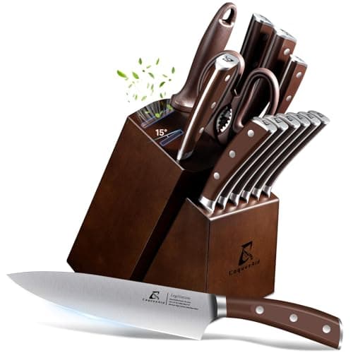 CoquusAid 15-Piece Kitchen Knife Set with Rubber Wood Block, New Upgrade | Widened Ventilated Slot for Hygienic Storage, German DIN1.4116 Steel Chef Knife Set with Sharpener, Full Tang, Ideal Gift — image 1