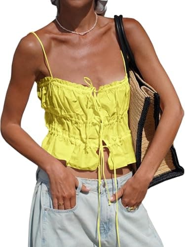 Tankaneo Womens Summer Tie Front Crop Tops Cute Ruffle Ruched Spaghetti Strap Tank Tops Y2K Going Out Shirts — image 1