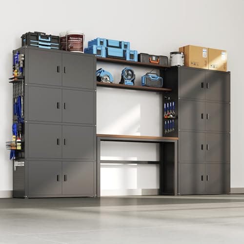 FLEXIMOUNTS Garage Storage Cabinet System, 3-in-1 Modular Metal Tool Cabinet w/Workbench and Metal Board Shelf Includes Pegboard, 24-Gauge Steel, 117"(L) w/ 8 Doors, Black, FLEXIMOD Series — image 1