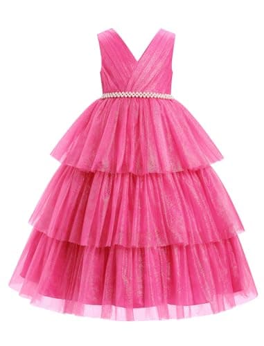 IBTOM CASTLE First Bridesmaid Dress for Girl Flower Girl Dress V-Neck Kids Birthday Dress Ruffle Pearls Tiered Formal Dress Tulle Party Dress Wedding Gown Prom Evening Rose Red 9-10 Years