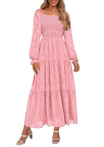 PRETTYGARDEN Wedding Guest Dresses for Women Floral Long Sleeve Smocked Tiered Elegant Long Flowy Boho Dress — image 1