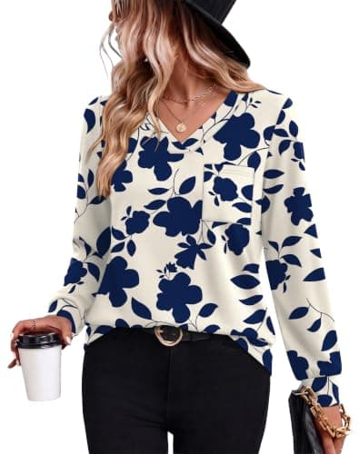 Wiholl V Neck Long Sleeve Shirts Womens Tops Dressy Casual Fall Outfits | Fall Tops for for Women Trendy 2026,Teacher,Ladies,Work,School,Office,Elegant,Dressy Casual