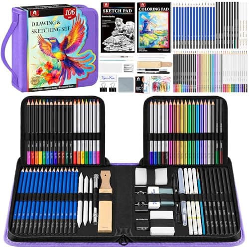106 PCS Art Supplies Sketching Kit, Pro Drawing Pencils with 3-Color Sketchbook, Coloring Book, Colored Graphite Charcoal Watercolor & Metallic Pencils, Drawing Supplies Gifts for Artists Adults — image 1