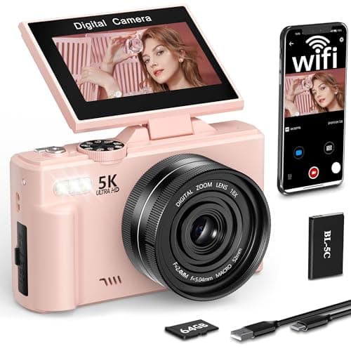 FLATIC 5K Digital Camera, 75MP Cameras for Photography with WiFi & 64GB TF Card, Autofoucs Vlogging Camera for YouTube with 180° Flip Screen, Compact Vlog Travel Camera Kit for Beginner, Teens