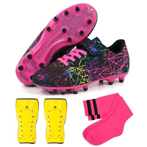 brooman Kids Firm Ground Soccer Cleats Girls Football Cleats with Shin Guards and Soccer Socks (8,Black Fuchsia)