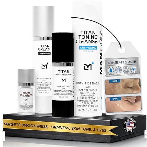 Man Labs Titan Sports Anti-Aging Mens Skin Care Kit – Cleanser, Face Serum, Mens Eye Cream, Face Moisturizer – Skin Care Men – Dark Circles, Wrinkles, Fine Lines – Vitamin C, Niacinamide, HA–Unscented