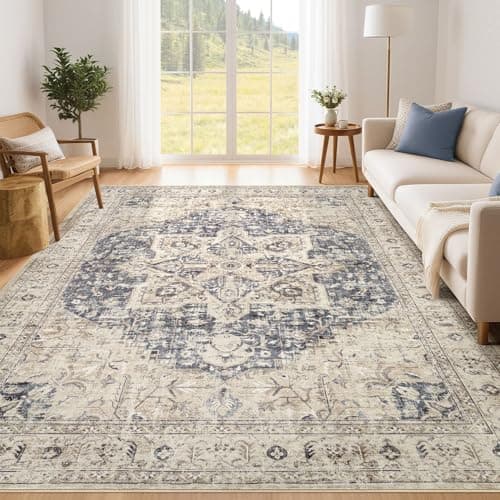 Tortania Area Rug Living Room Rugs - 5x7 Washable Boho Rug Vintage Oriental Distressed Farmhouse Large Thin Indoor Carpet for Living Room Bedroom Under Dining Table Home Office - Cream Blue — image 1